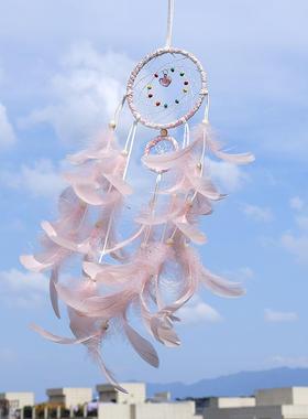 创意白色捕梦网挂件粉色羽毛挂饰房间吊饰墙壁装饰品拍摄道具带灯