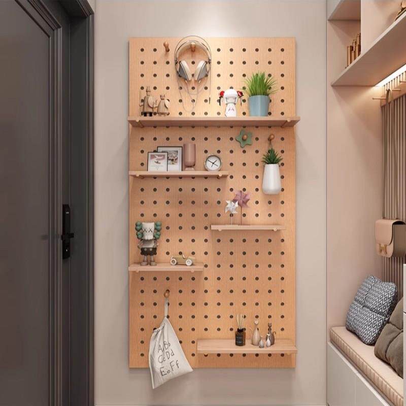 入户玄关洞洞板置物架墙上实木装饰挂板隔板背景收纳层架挂衣展示