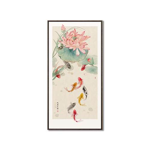 聚财鱼图挂画新中式入户玄关装饰画竖版走廊过道壁画牡丹花墙画