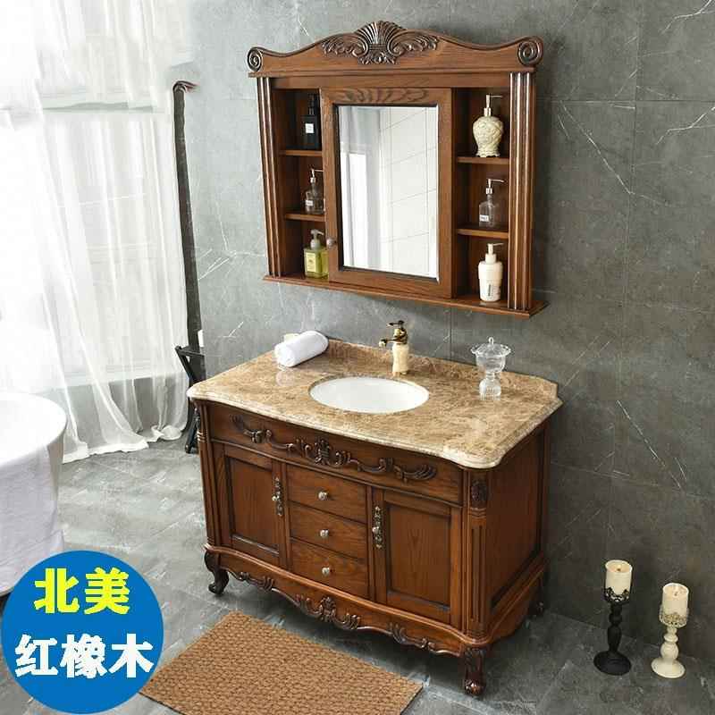 欧式红橡木卫浴柜橡木实木仿古浴室柜卫生间大理石洗漱台洗手脸盆