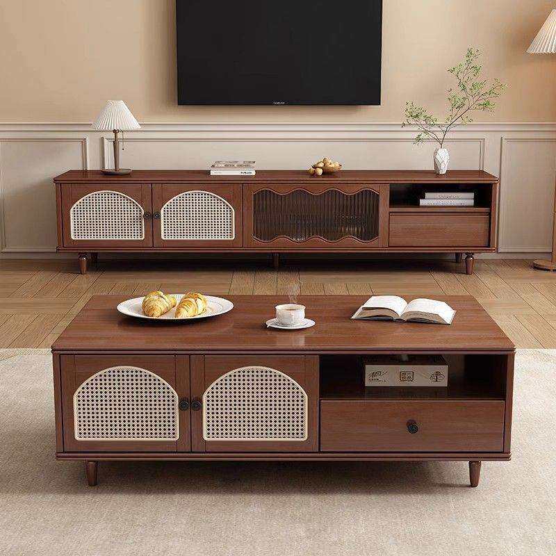实木中古风茶几电视柜组合客厅家用藤编小户收纳落地式储物柜