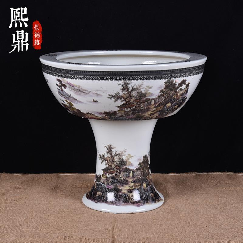 陶瓷鱼缸水浅粉彩山水金鱼盆 假山盆立柱式鱼缸陶瓷造景景观摆件
