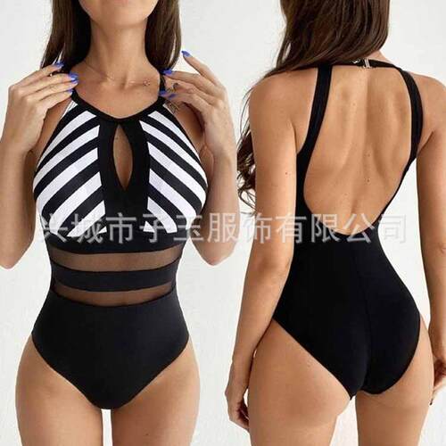 Striped printed mesh one-piece swimsuit for women, bikini