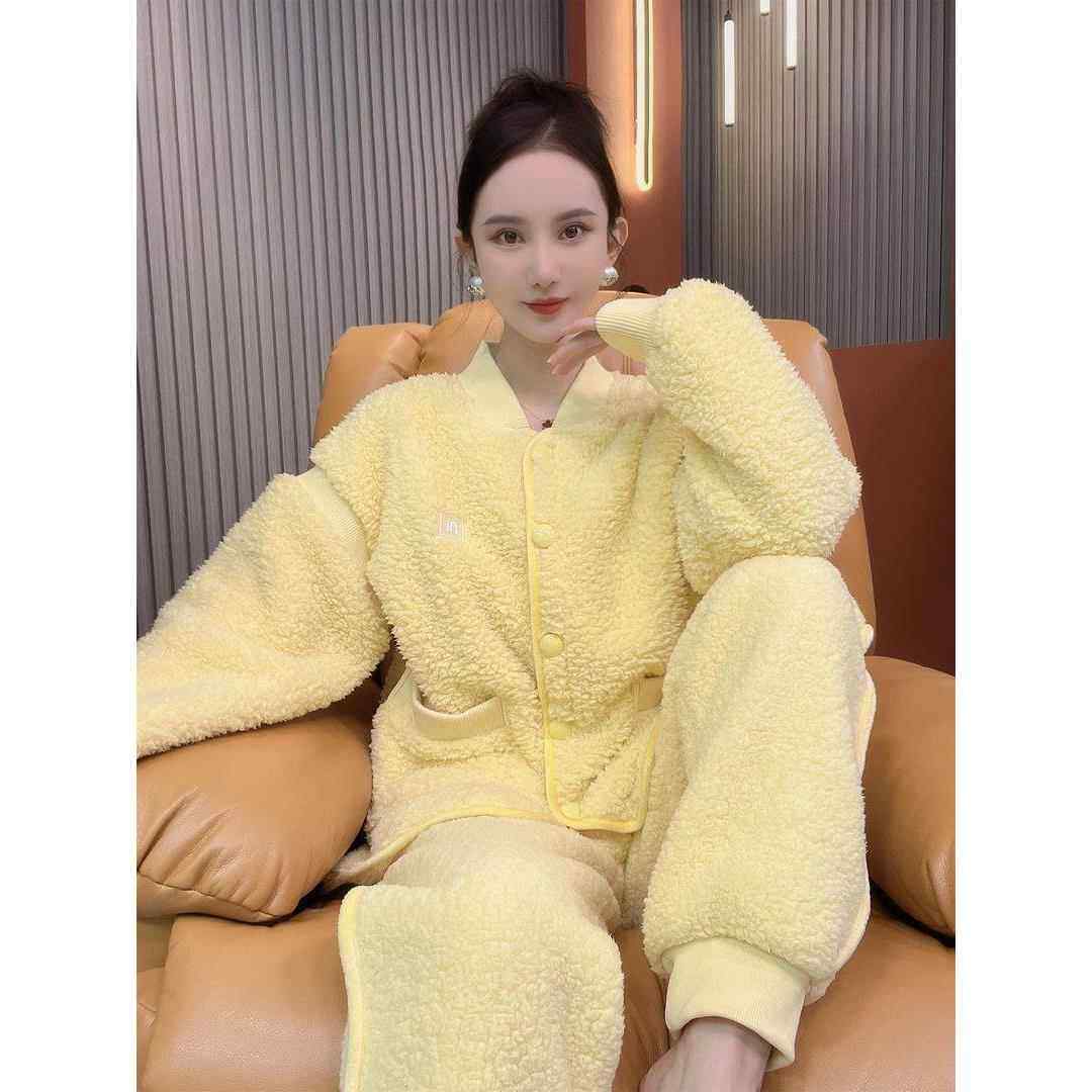 韩版黄色加绒加厚珊瑚绒开衫睡衣女秋冬休闲北羔绒家居服套装外穿