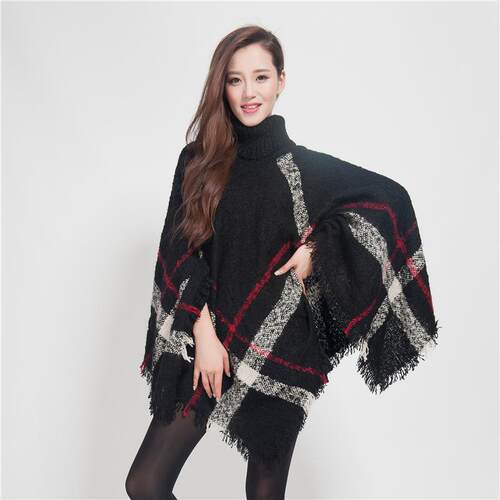 Large women's cape, high neck, checkered warm fringe cape,