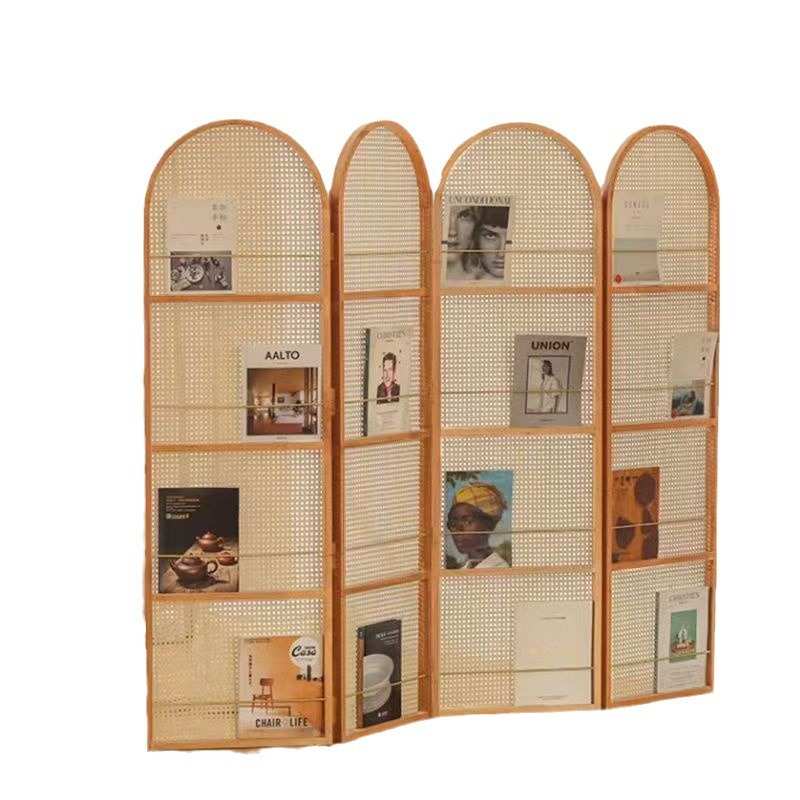 复古折叠藤编屏风客厅玄关实木置物书架隔断卧室遮挡屏风中式客厅