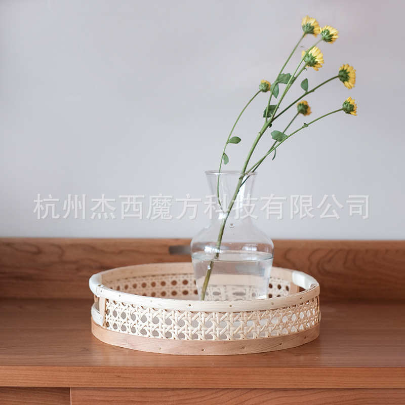 藤编木片圆形托盘挖空提手收纳筐点心果蔬篮桌面收纳面包篮野餐