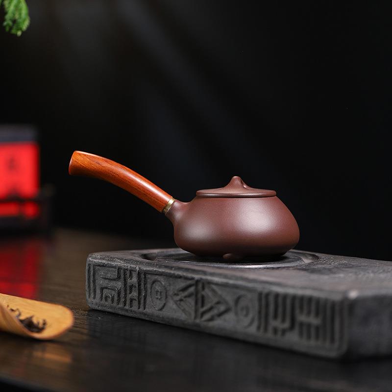 厂家宜兴紫砂壶家用原矿紫泥手工紫砂壶木柄石瓢唐羽紫砂壶