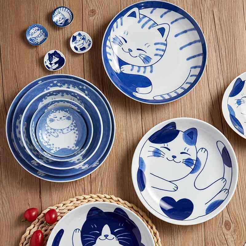 卡通儿童陶瓷餐具猫咪家用面碗网红日式青花圆形菜盘碟子