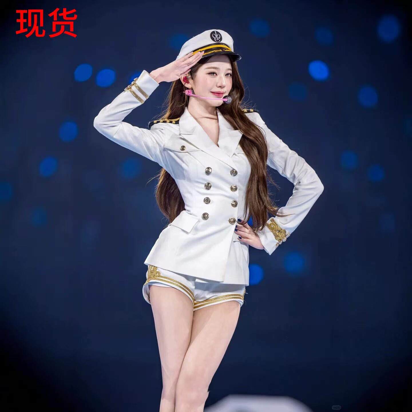 现货张元英打歌服同款海军风cos白色水手制服双排扣舞台表演服装