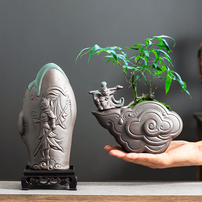 悟空中式哥窑紫砂造景盆景花盆福建茶六月雪家用客厅办公室带托盘