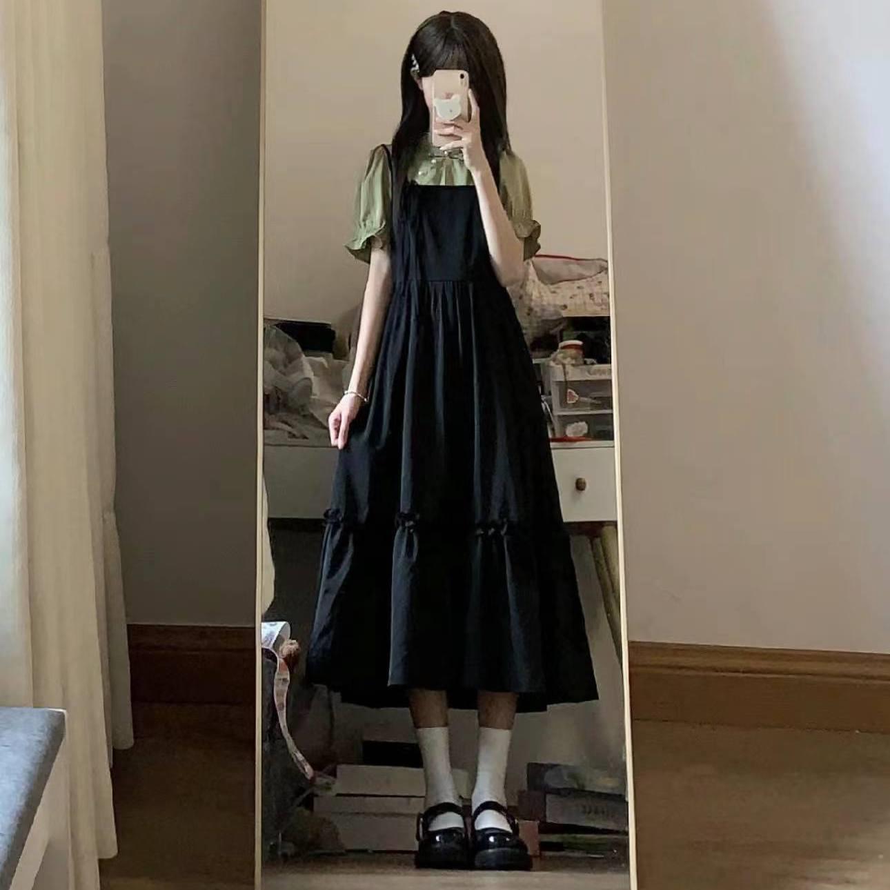 假两件背带连衣裙少女夏大码2024新款初中高中学生甜美日系长裙子