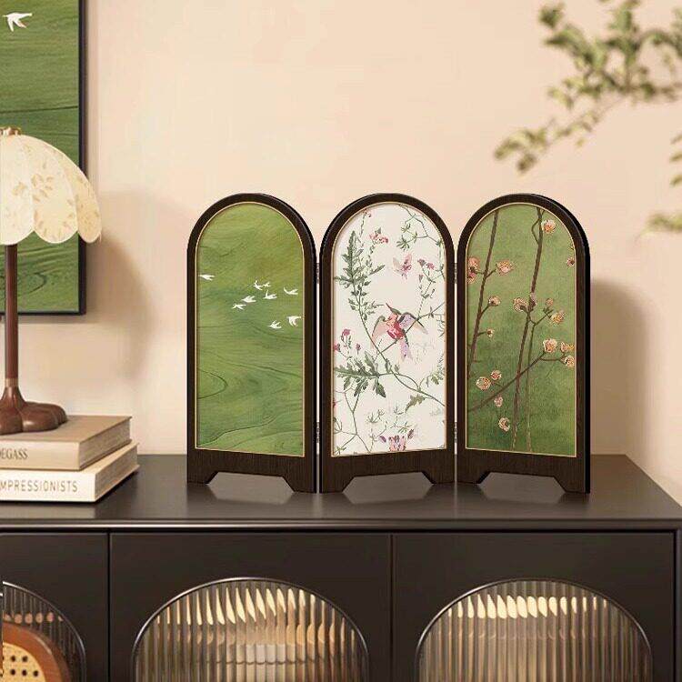 新中式绿色飞鸟屏风桌面摆件玄关柜茶桌家居装饰品客厅摆画礼品