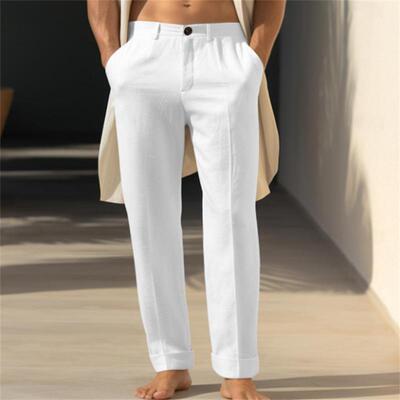 Men's linen slanted pocket breathable straight leg