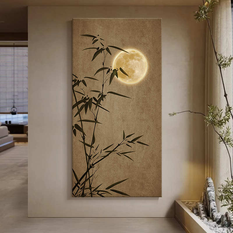 墙进门茶室竖背景画墨竹墙壁版装饰画过道新款入户走廊挂画新中式