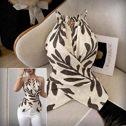 Women's Leaf Print Halter Neck Top Beads Accents Sleeveless