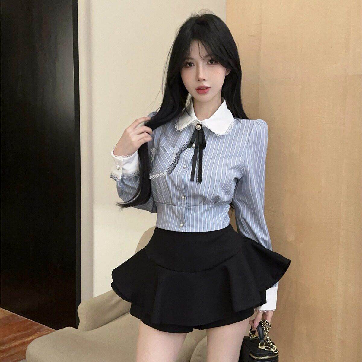 2026春季新款甜美学院风条纹长袖领结衬衫女短款收腰工作服上衣
