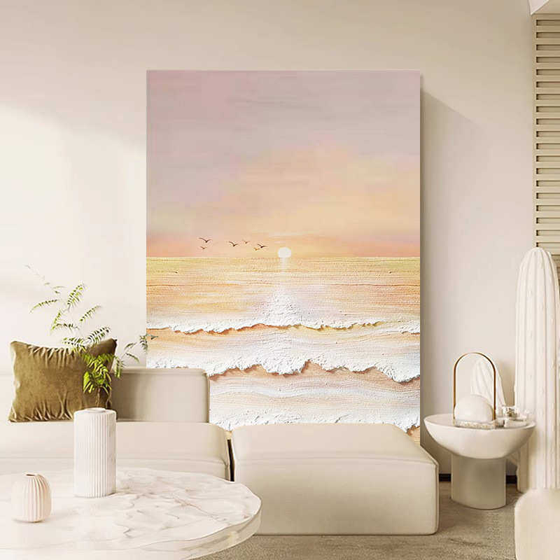 手绘装饰画奶油肌理画油画客厅日出风风景玄关简约现代沙滩挂画