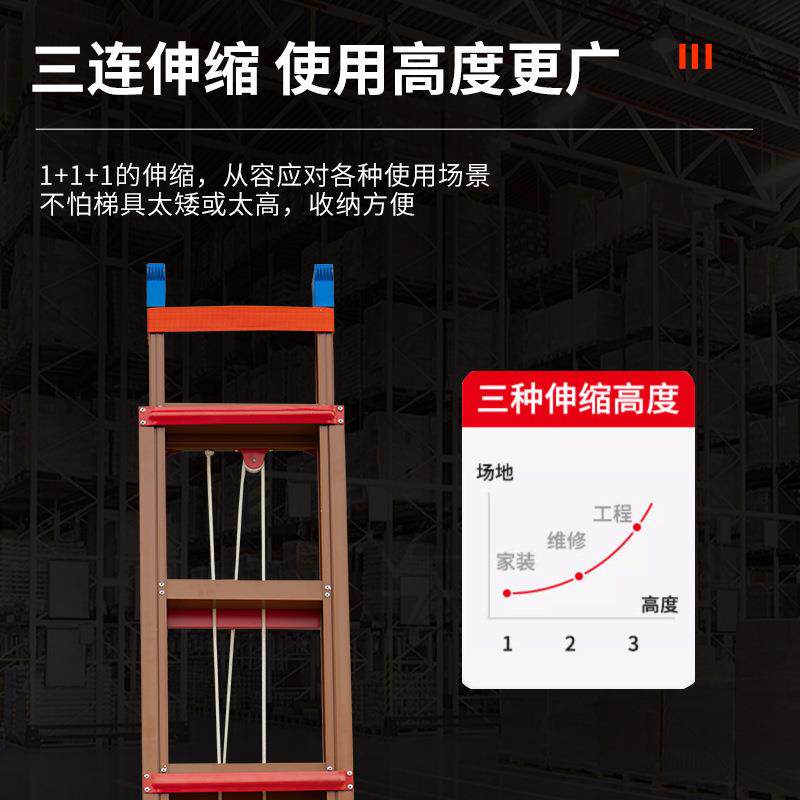 福源家用铝合金10cm三节伸缩梯 加厚升降阁楼爬梯抽拉工程梯