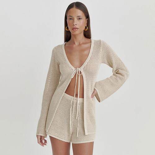 Summer Beach Vacation Knit Hollow Out Long Sleeve Cover Up