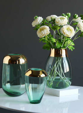 简约现代透明玻璃花瓶摆件轻奢风客厅餐桌玄关插花轻奢金属装饰品