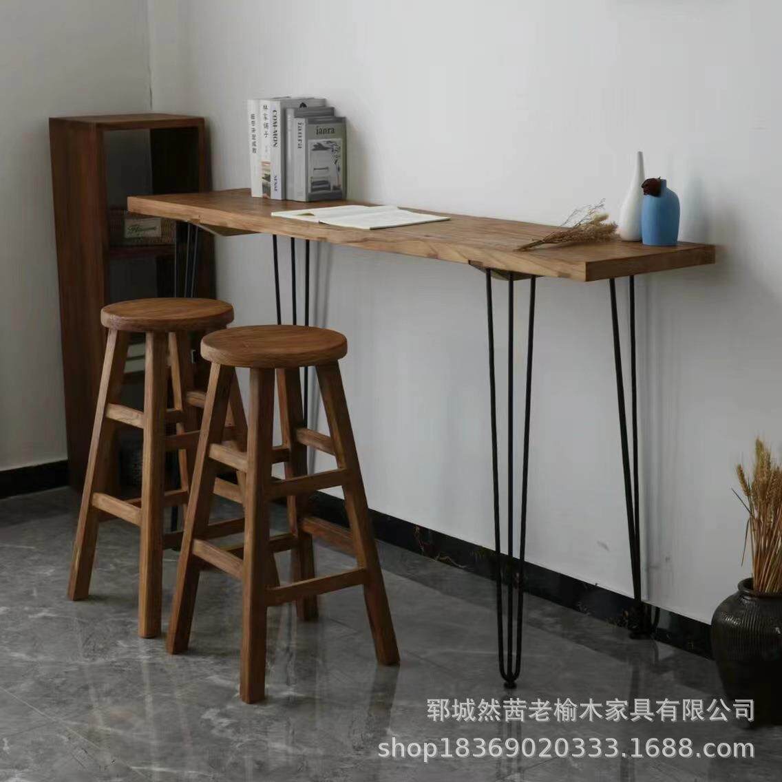 新中式老榆木吧台桌实木老门板茶桌长条桌街边咖啡厅办公喝茶桌
