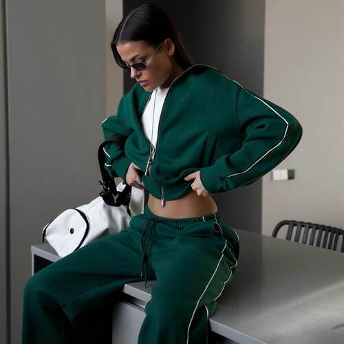 欧美运动服卫衣长裤套装女 hoodie pants zipper suit set women