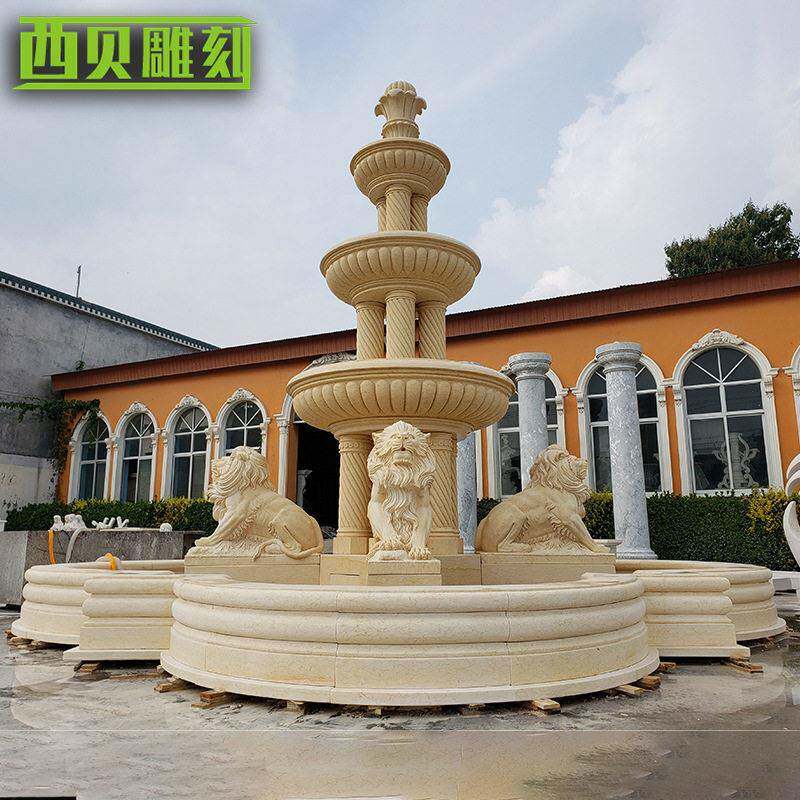 大型欧式动物喷泉石雕别墅大型公园摆设埃米黄色欧式狮子喷泉雕塑