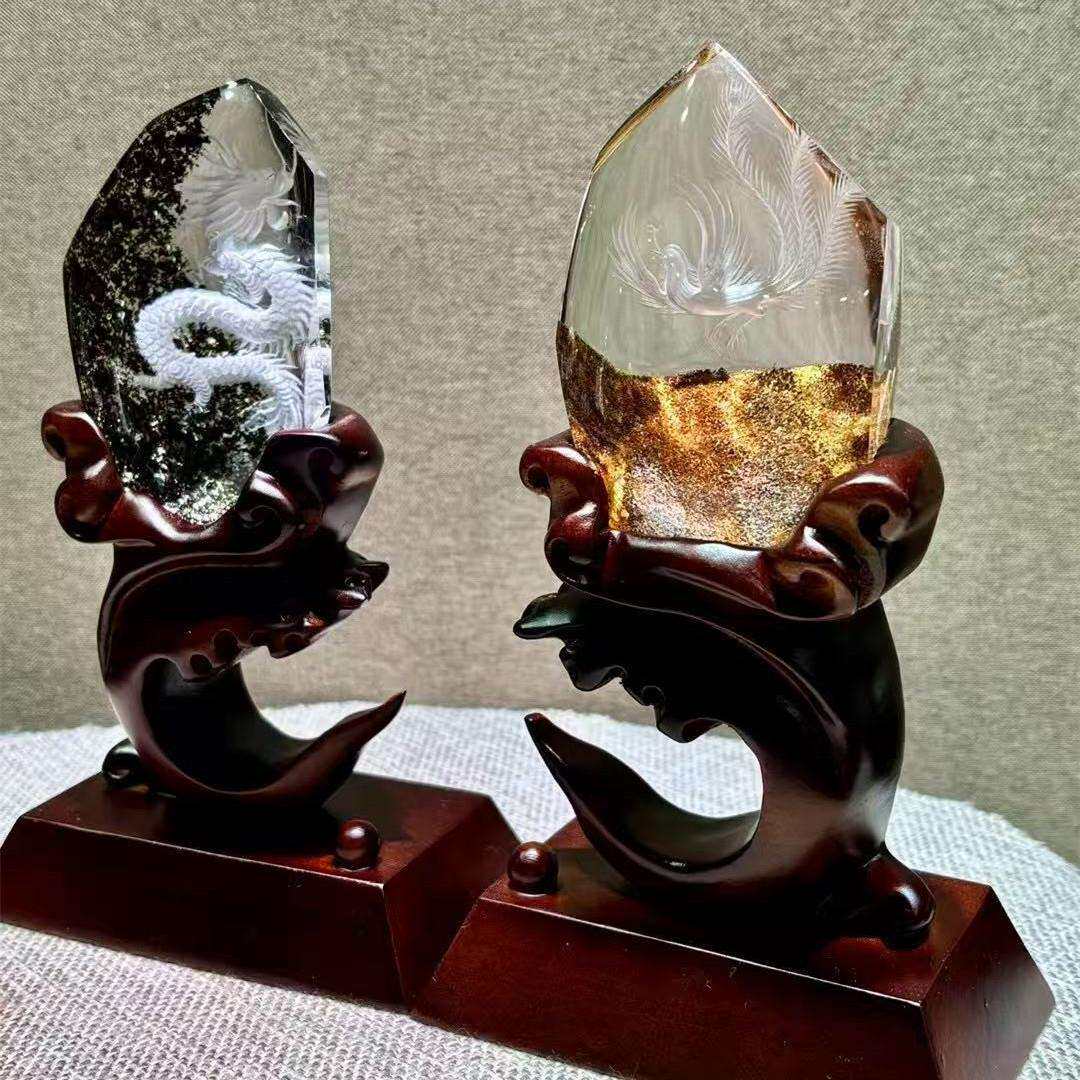 天然水晶幽灵阴雕龙凤千层山聚宝绿幽灵金字塔幽灵水晶原石摆件