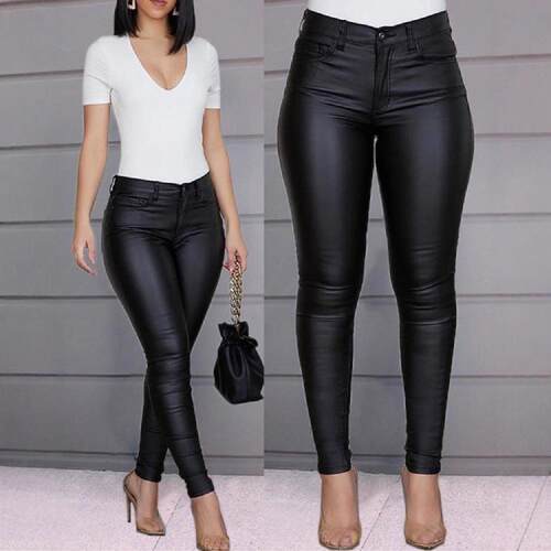 Womens Plain Matte Leather Feel Elastic Tight Fit Long Pants