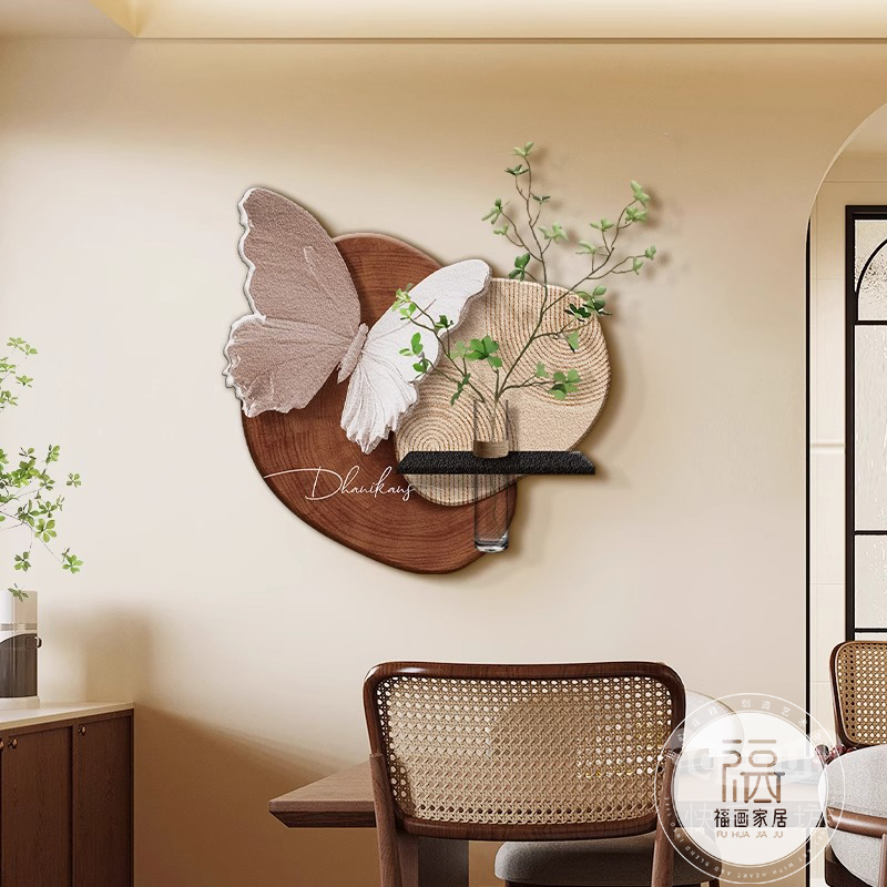 蝴蝶中古风餐厅饭厅装饰画创意水培绿植客厅玄关挂画轻奢高档壁画