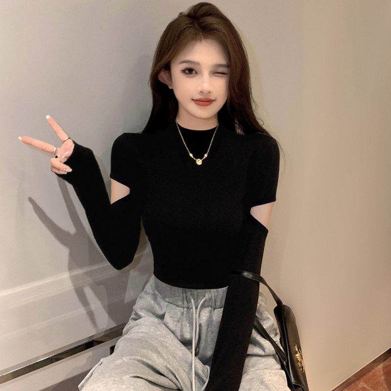SPYB黑色半高领打底衫女春秋内搭设计感长袖t恤针织紧身短款上衣