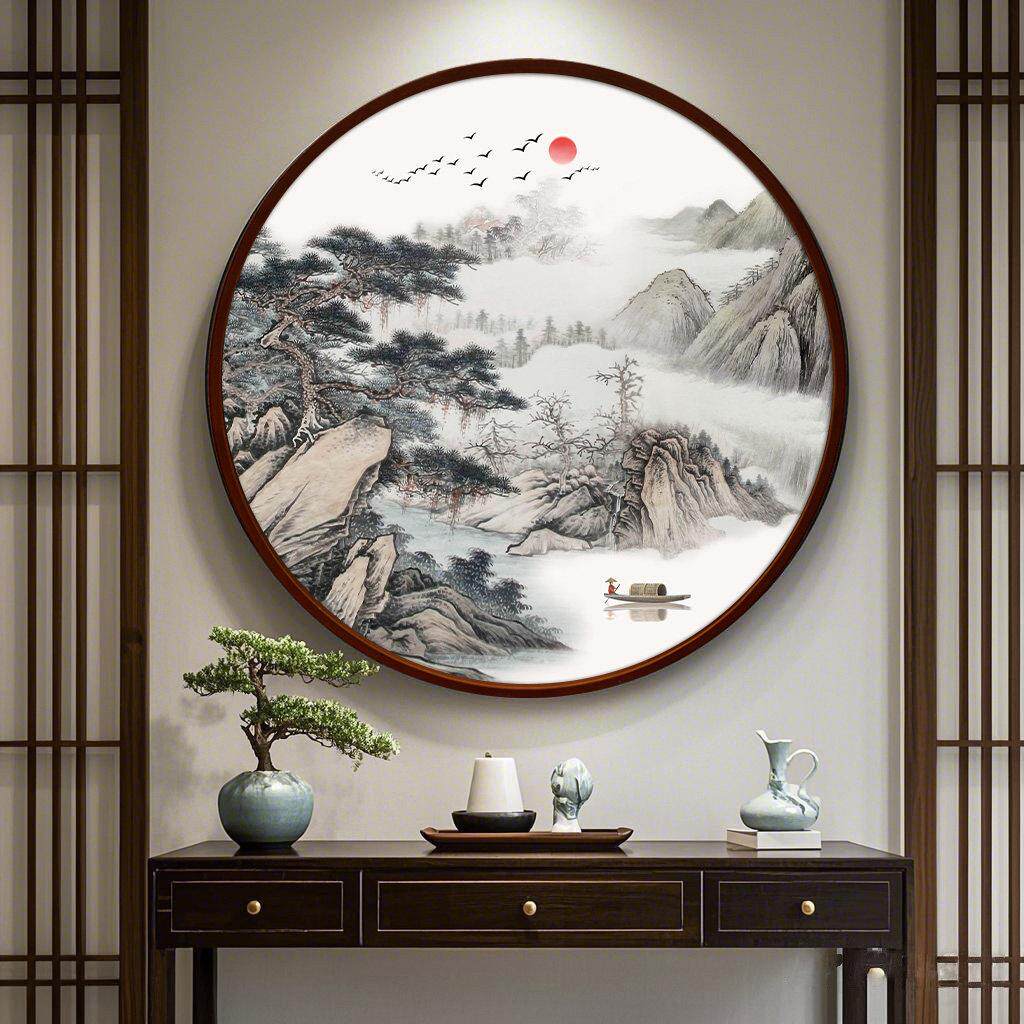 圆形装饰画办公室靠山挂画新中式茶室山水风景客厅背景墙生财壁画