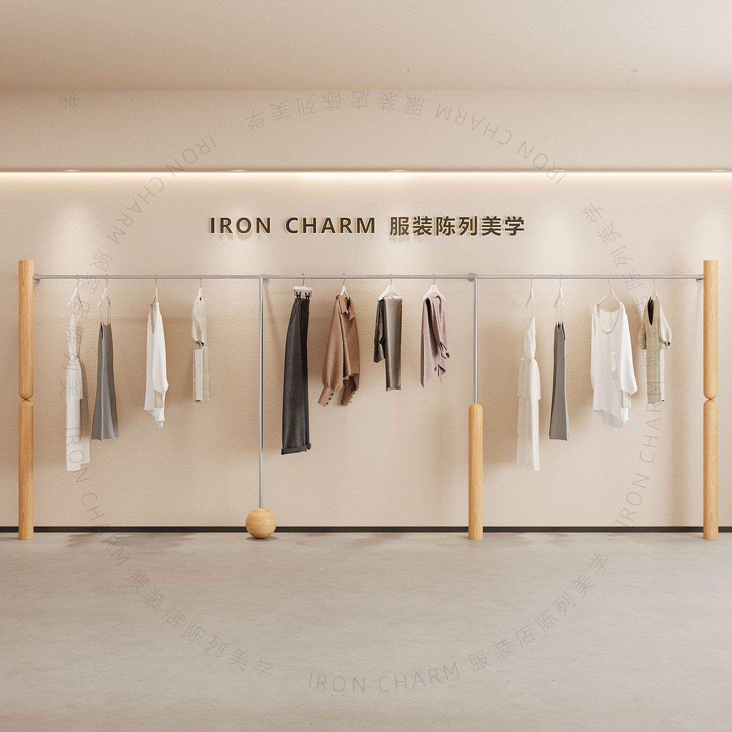 新品服装店展示架落地仿原木纹色陈列架不锈钢侧挂衣架女装店货架
