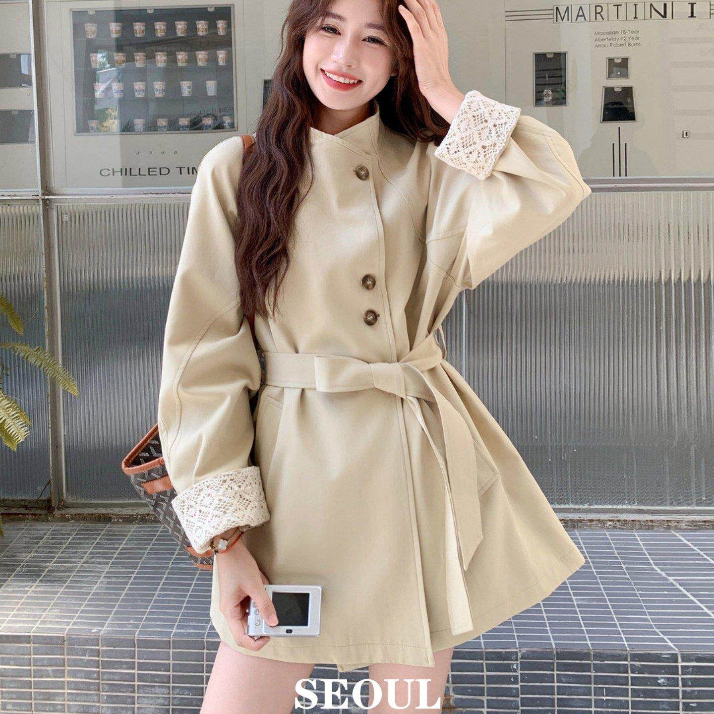SEOUL喵/杏色蕾丝拼接风衣女款2026春秋新款小个子气质休闲大衣潮