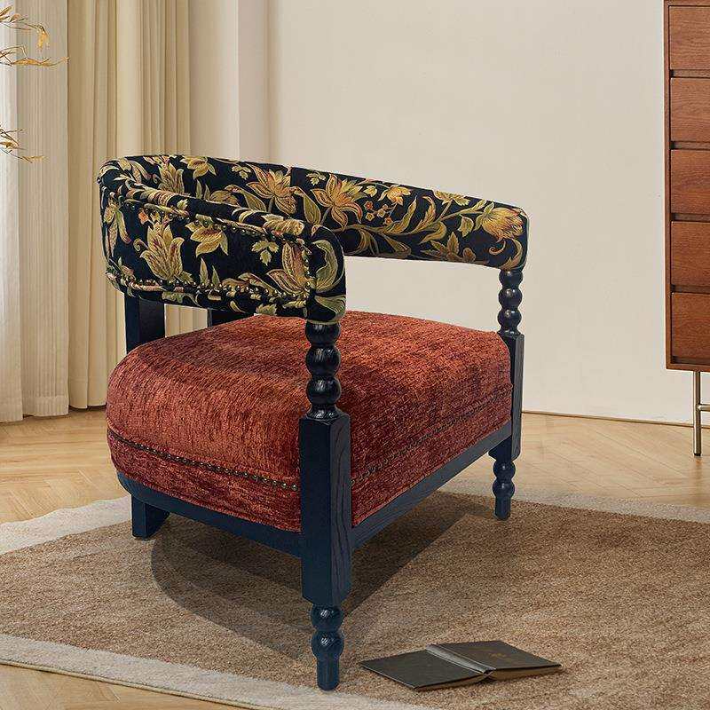 法式复古单人布艺沙发椅实木沙发椅客厅中古风单椅休闲靠背椅子