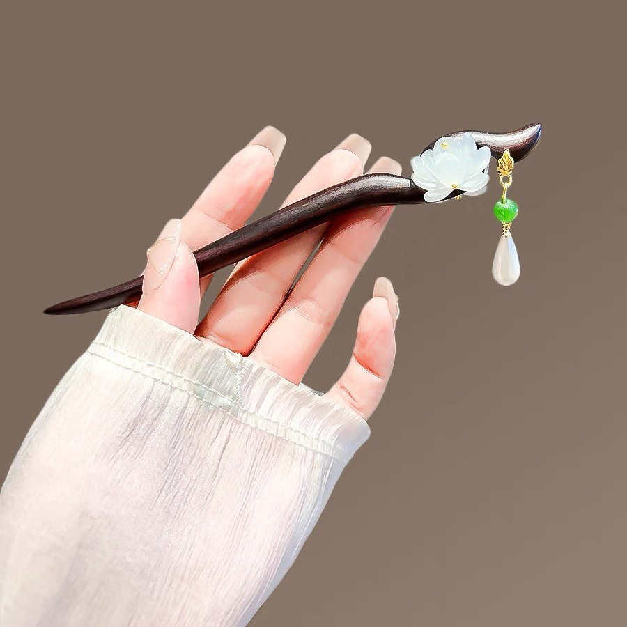 优选古风双面莲花流苏檀木发簪女简约国风日常步摇发钗高级感盘发