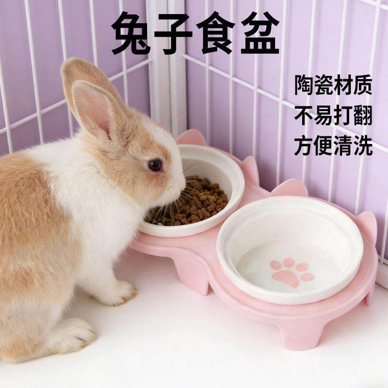 兔子食盆陶瓷双碗水碗高脚斜口侏儒粮碗防打翻专用宠物神器用品