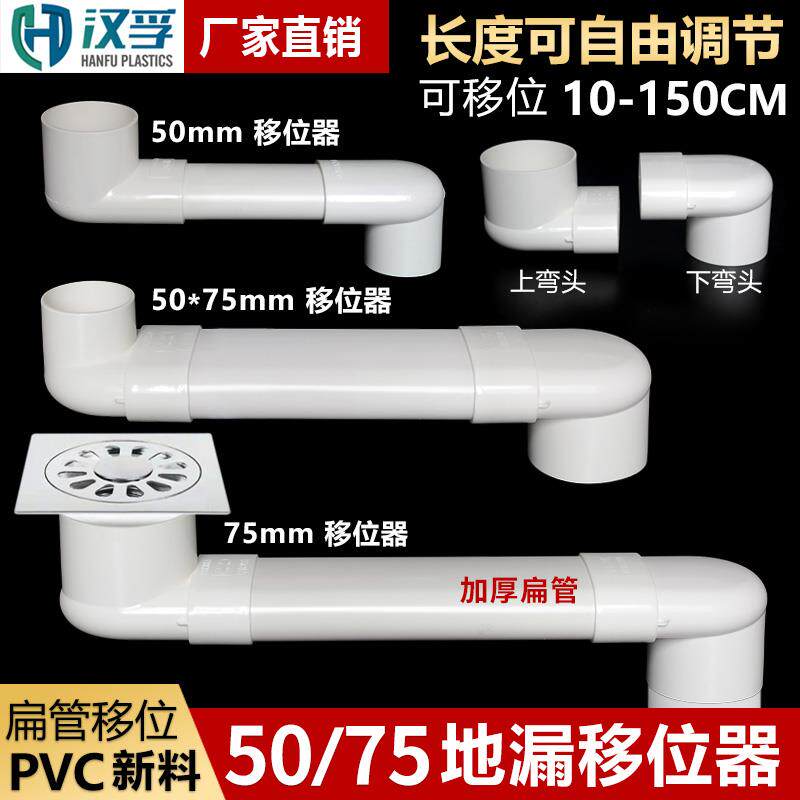 PVC50地漏移位器扁管上下弯头75厨房阳台地漏下水偏移排水管配件图片