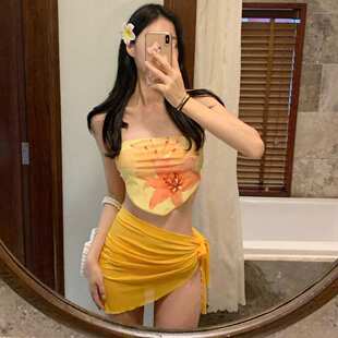 泳衣女士高級感印花顯白超性感比基尼三件套海邊度假 2025新款