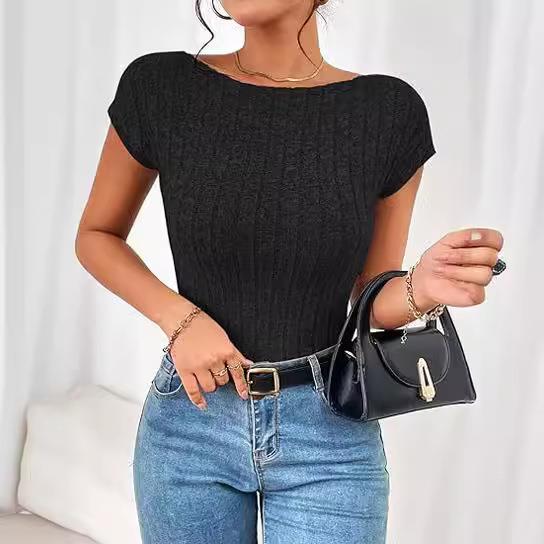 women sleeve wide Sexy cropped T-shirt fleece top backless