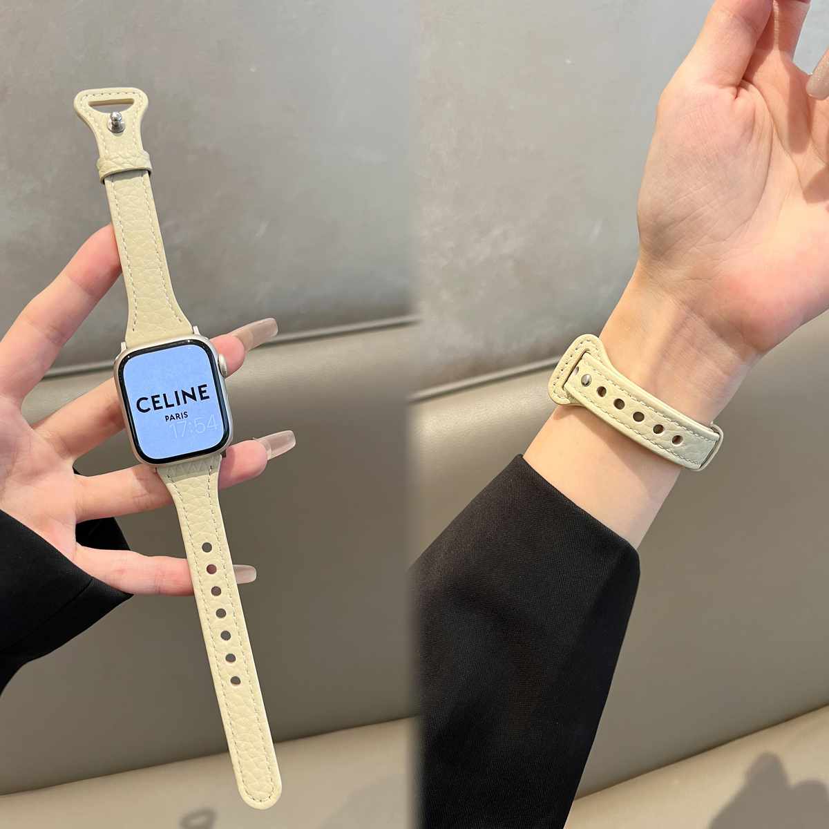 适用苹果手表iwatch9表带纯色荔枝纹小蛮腰钉扣applewatch8透气女