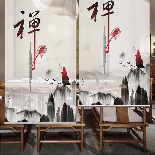 隔断背景装饰玄关挂画升降茶楼禅意空间窗帘门帘印花卷帘中式复古