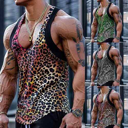 Men's Leopard-Print Tank Top Solid Color Loose-Fit Casual