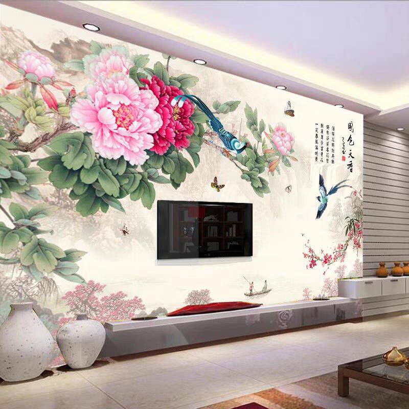 新中式牡丹花电视背景墙山水花鸟客厅沙发集成墙板家和富贵碳晶板