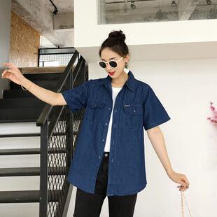 春季纯薄女士长袖仔衬衫款上衣宽松百搭加棉大码水洗外套牛工