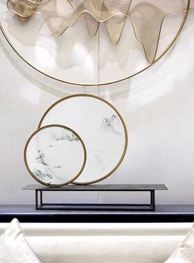 新中式圆形铁艺山水屏风摆件客厅电视柜玄关酒店办公桌软装饰品