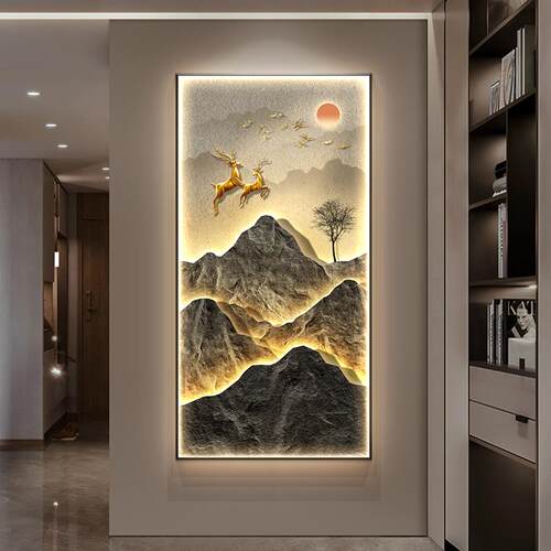 背有靠山玄关装饰画入户门走廊过道挂画竖版高档轻奢客厅壁画灯画