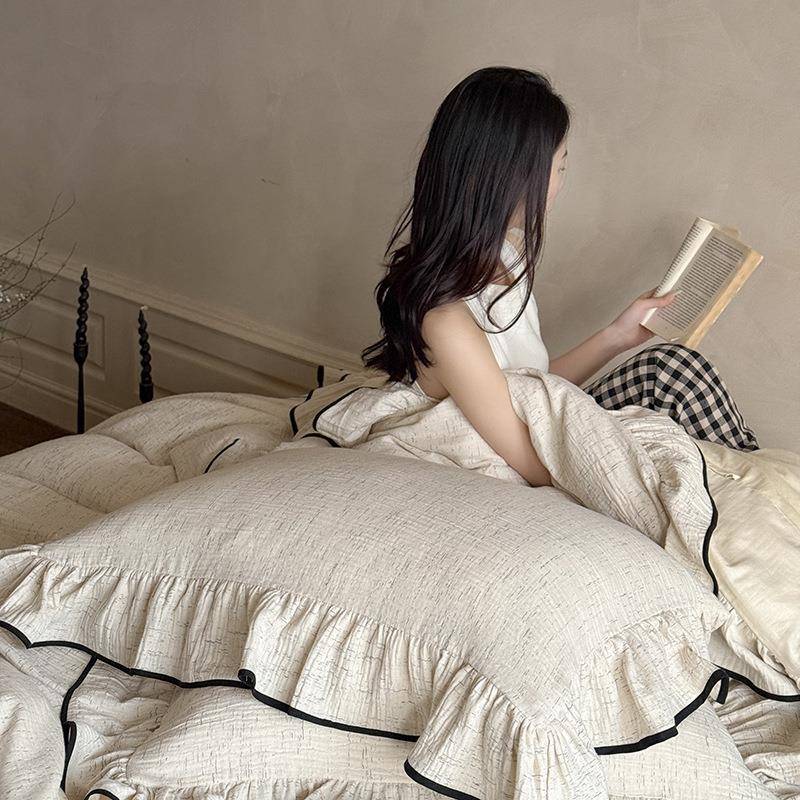 2025新款40支全棉色织段染工艺少女心荷叶边纯棉四件套法式床品