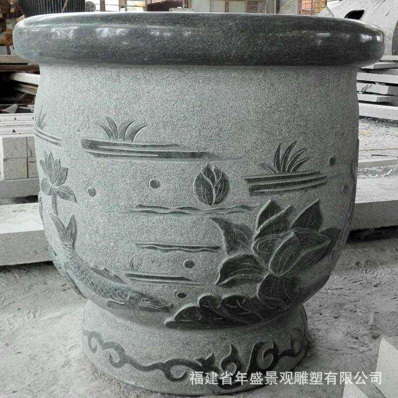 芝麻黑石材鱼缸 庭院景观雕塑植物睡莲水缸石雕花盆容器摆件